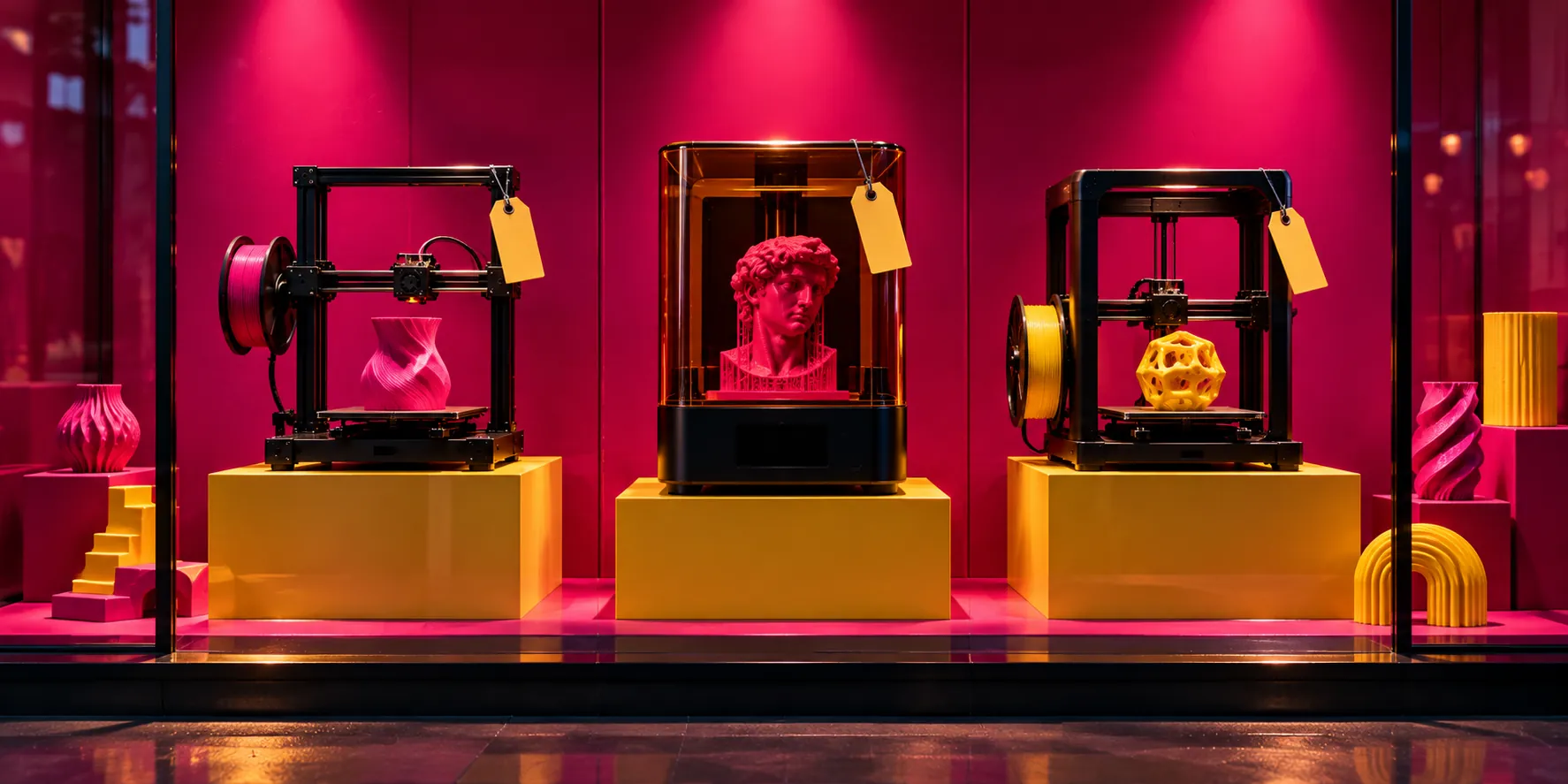 Tres bloques de vidrio de tamaño creciente, iluminados en azul, dorado y magenta