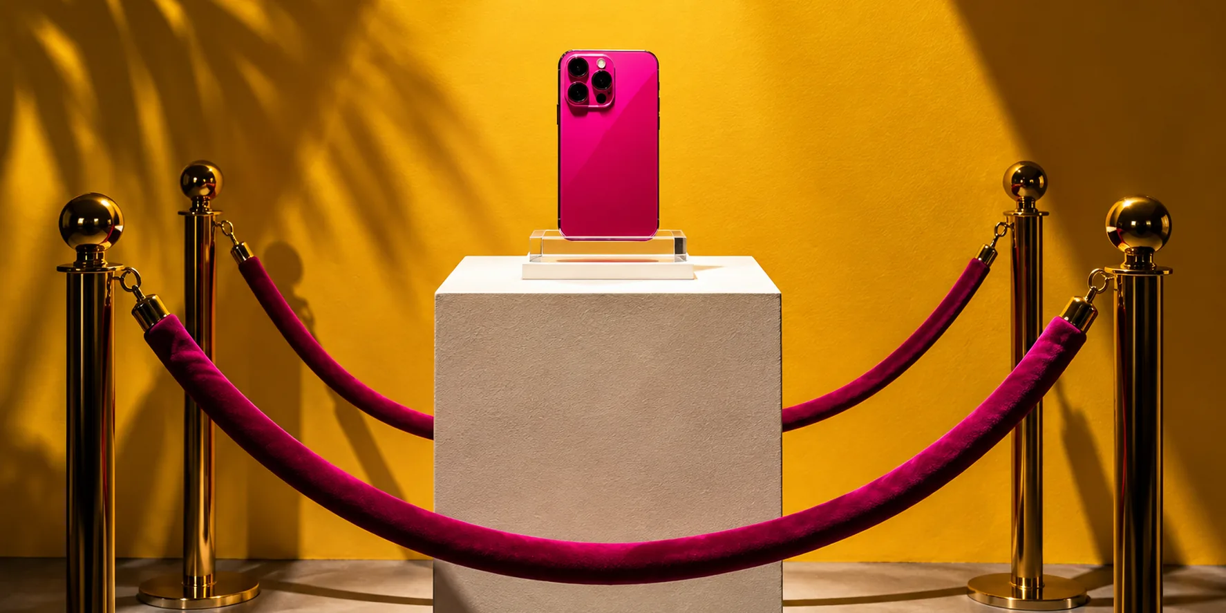 Celular magenta exhibido en un pedestal de museo, entre cordones rojos y luz dorada