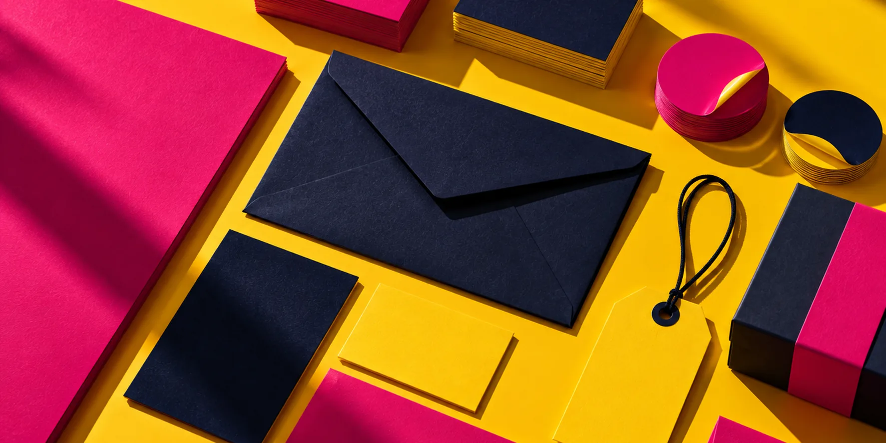 Papelería impresa en magenta, azul noche y amarillo: tarjetas, sobre, etiqueta y stickers